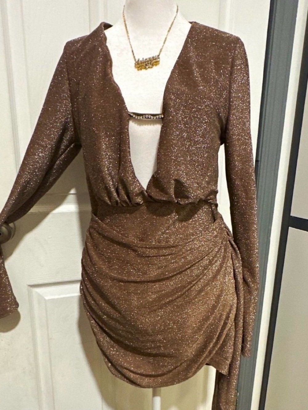 SHEIN Brown Sparkle Ruched Plunge Long Sleeve Dress